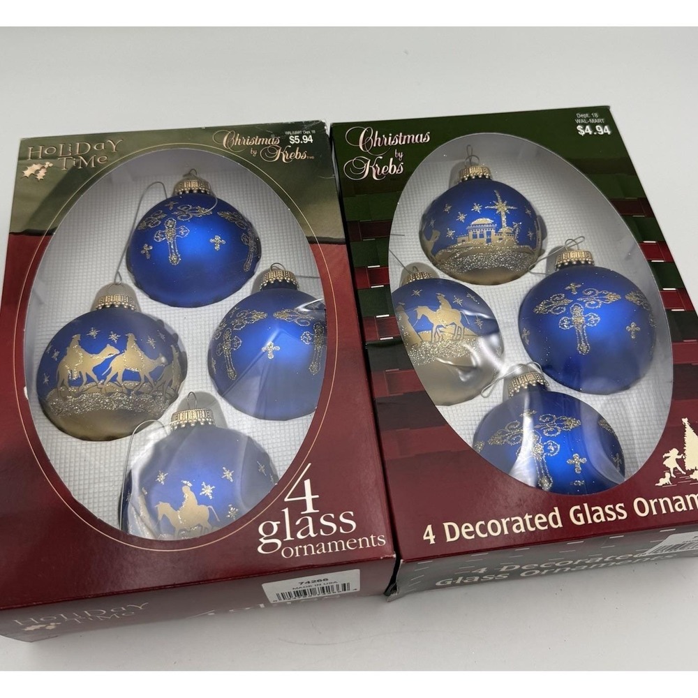 Krebs Blown Glass Cobalt Gold SMary Joseph Bethlahem Nativity Ornament Set‎ 8